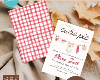 A Little Cutie Pie Fall Baby Girl Shower Digital Invitation Template, Autumn Gingham Editable Canva New Baby Party (Digital Download) 004