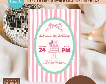 Faire-part de fête d'anniversaire fantaisiste pour filles, invitation imprimable dessinée à la main à rayures roses (téléchargement numérique DIY sur toile 5 x 7 ou mobile)