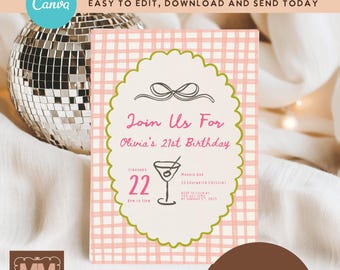 Invitación para fiesta de cumpleaños número 21, dibujada a mano, con cócteles rosas preppy para cumpleaños número 30, imprimible (descarga digital DIY en Canva, 5x7 o móvil)