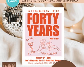 Pink Martini 40th Birthday Party Invitation, 30th, 50th Martini Party Printable Invite  (DIY Canva Digital Download 5x7 or Mobile) 010
