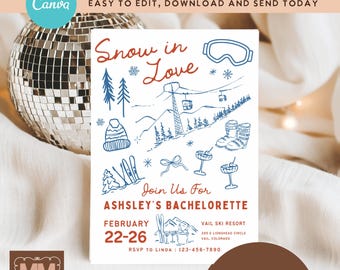 Ski Bachelorette Invitation, Snow In Love Bach Weekend Editable Printable Invite  (DIY Canva Digital Download 5x7 or Mobile) 023