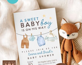 Blue Watercolor Clothesline Baby Shower Invitation Template (Digital Download)