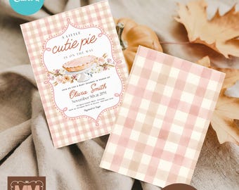 Cutie Pie Baby Girl Shower Invitation, Autumn Gingham, Editable Canva Template (Digital Download) 006