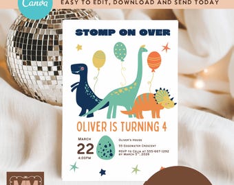Dinosaur Birthday Digital Download Invitation, Dino Kids Party DIY,  Printable Invite (DIY Canva Digital Download 5x7 or Mobile)020