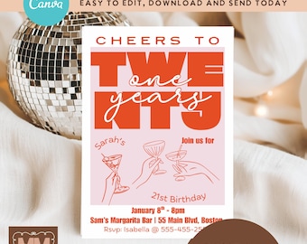 Retro Pink 21st Birthday Party Invitation, Retro Twenty First Party Editable Invite  (DIY Canva Digital Download 5x7 or Mobile) 009