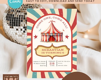 Boys Circus Birthday Party Invitation, Editable Girls Carnival Party Printable Invite  (DIY Canva Digital Download 5x7 or Mobile)