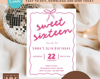 Girls 16th Birthday Party Invitation, Pink Bow Sweet Sixteen Editable Printable Invite  (DIY Canva Digital Download 5x7 or Mobile) 016