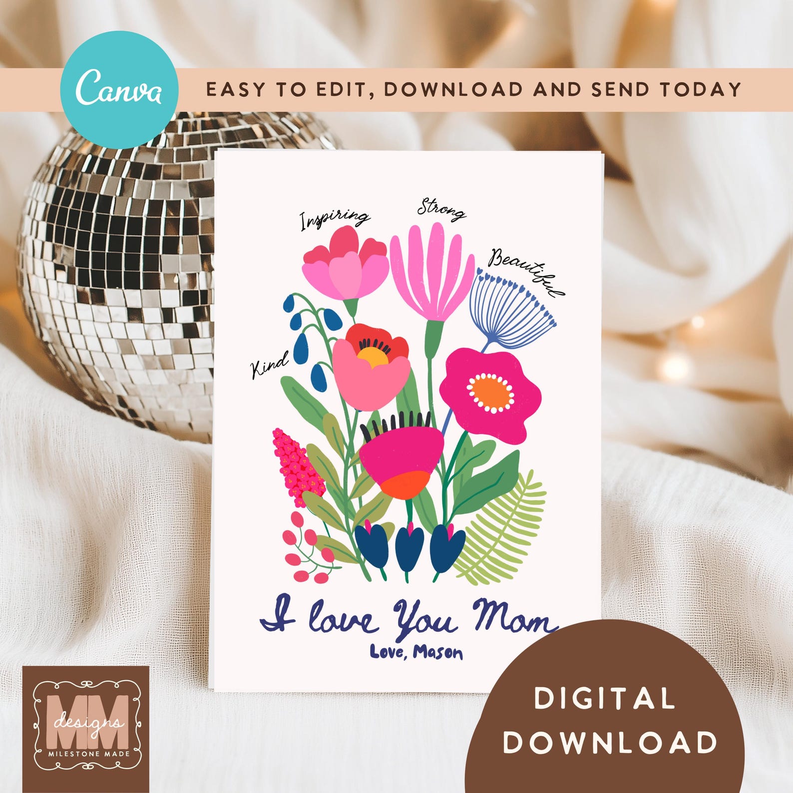 Custom Mothers Day Card for Mom Grandma, Modern Floral Birthday Gifts ...