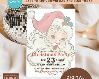 Editable Christmas Party Digital Invitation, Vintage Retro Santa Holiday Digital Invite (Digital Download 5x7 and Mobile) 032