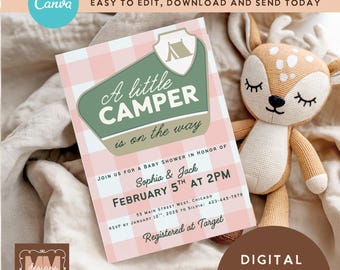 Baby Girl Camping Shower Invitation, Pink Little Camper Gingham Template (Digital Download)002