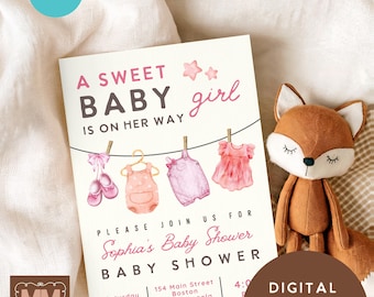 Baby Girl Shower Digital Invitation Template, A Sweet Baby Girl Watercolor Clothesline Editable Canva Shower Template (Digital Download)