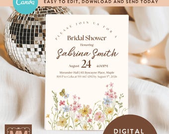 Wildflower Bridal Shower Invitation, Floral Printable Invite  (DIY Canva Digital Download 5x7 or Mobile) 002
