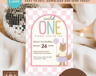 Girls Wild One Safari Birthday Digital Download Invitation, Party Animals Pink First Birthday DIY Editable Template