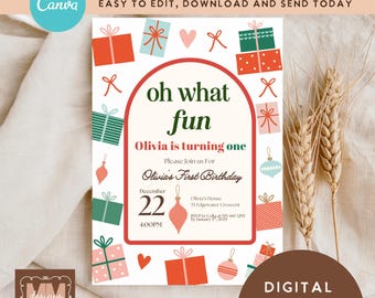 Kids Christmas Birthday Digital Invitation, Oh What Fun Holiday Birthday DIY Invite (Digital Download 5x7 and Mobile)
