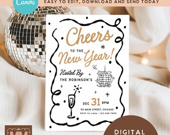 New Years Eve Party Invitation Printable Download, NYE Cheers to 2026 Editable Invite (DIY Canva Digital Download 5x7 or Mobile) 030