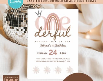 Girls  Rainbow Princess 1st Birthday Party Invitation, Boho First Bday Printable Invite (DIY Canva Digital Download 5x7 or Mobile)