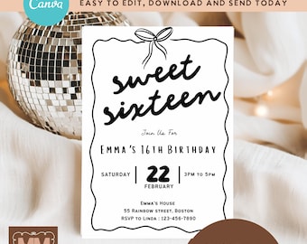 Girls 16th Birthday Party Invitation, Black Bow Sweet Sixteen Editable Printable Invite  (DIY Canva Digital Download 5x7 or Mobile) 015