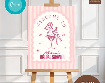 Elegant Martini Shower Welcome Sign Template, Hand Drawn Whimsical Striped Wedding Party (Digital Download 18x24) 059