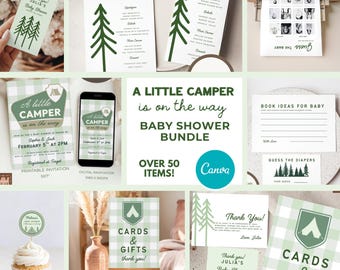 Little Camper Is On The Way Baby Shower Games Bundle, Camping Baby Shower Games, Green Gingham Printable, Editable Template 001