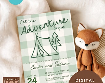 Camping Baby Shower Digital Invitation Template, Adventure Little Camper Doodle Editable Canva Shower Template (Digital Download)