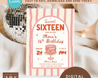Girls 16th Birthday Party Invitation, Preppy Doodle Sweet Sixteen Editable Printable Invite  (DIY Canva Digital Download 5x7 or Mobile) 014