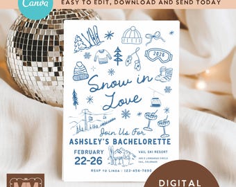 Ski Bachelorette Invitation, Snow In Love Bach Weekend Editable Printable Invite  (DIY Canva Digital Download 5x7 or Mobile) 024