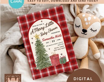 May include: A digital Christmas-themed baby shower invitation with a red plaid background. The invitation features text that reads "A Merry Little Baby Shower" and includes details for the event. A plush deer toy is next to the invitation. The Canva logo is visible.