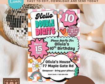 Retro Groovy Girls 10th Birthday Party Invitation, Hello Double Digits Printable Editable Evite  (DIY Canva Digital Download 5x7 or Mobile)