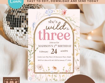 Girls Wildflower 3rd Birthday Party Invitation, Wild and Three Floral Third Printable Invite  (DIY Canva Digital Download 5x7 or Mobile)