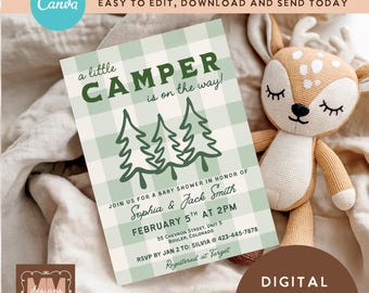 Camping Baby Shower Digital Invitation Template, Adventure Little Camper Green Gingham  Editable Canva Shower Template (Digital Download)