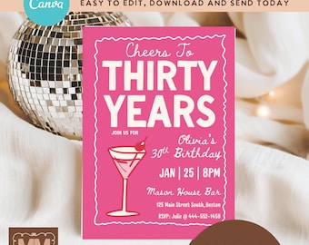 Pink Martini 30th Birthday Party Invitation, Thirtieth Cocktail Party Printable Invite  (DIY Canva Digital Download 5x7 or Mobile) 012
