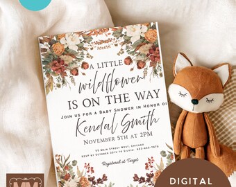 Customizable Little Wildflower Fall Baby Girl Shower Digital Invitation Template, Floral Editable Canva New Baby Party (Digital Download)