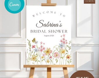 Wildflower Bridal Shower Welcome Sign Template, Floral Wedding Party Editable Canva (Digital Download 18x24) 028
