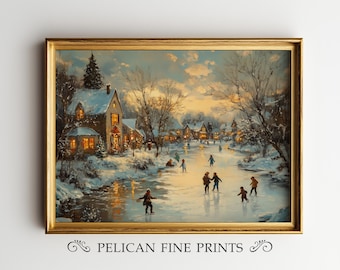 Winter Village Ice Skating Printable Wall Art, Cozy Christmas Painting, Holiday Cottage Landscape Print, Vintage Winter Home Decor | H29