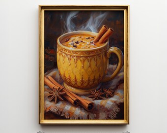 Mulled Cider Printable Wall Art, Cozy Autumn Kitchen Print, Vintage Mug Painting, Cinnamon Spice Digital Download Artwork, V7