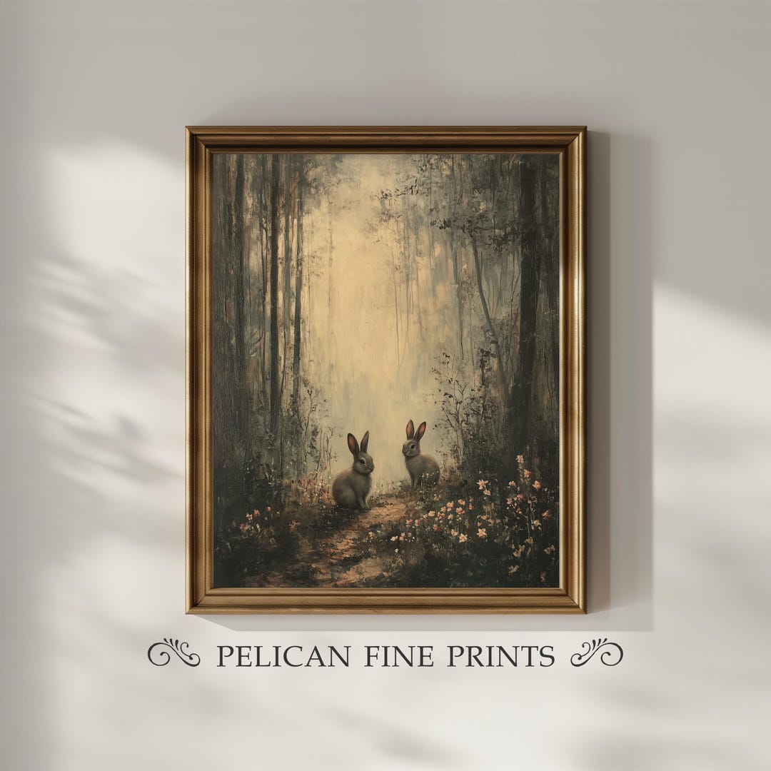 Woodland Rabbits Printable Wall Art, Soft Storybook Forest Scene ...