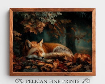 Sleeping Fox Printable Wall Art, Woodland Animal Painting, Cozy Autumn Forest Print, Rustic Wildlife Home Decor, Cottagecore Nature Art H24