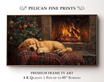 May include: A framed print depicts a sleeping golden retriever puppy in front of a fireplace and Christmas tree. The artwork has a warm color palette with the text "PELICAN FINE PRINTS" at the top and "PREMIUM FRAME TV ART" at the bottom.
