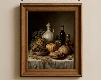 Vintage Harvest Still Life Printable Wall Art, Rustic Kitchen Decor, Autumn Grapes Bread Pumpkin Painting, Classic Fall Dining Print, V11