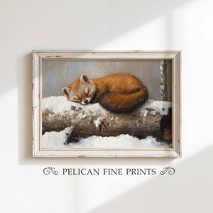 May include: A framed print of a sleeping fox. The fox has reddish-brown fur and is curled up on a snow-covered log. The artwork is in a distressed white frame. The text "PELICAN FINE PRINTS" is at the bottom.