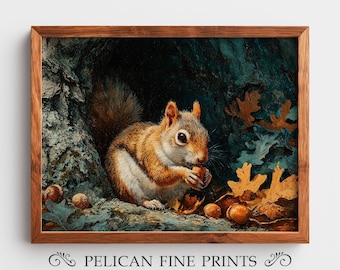 Autumn Squirrel Printable Wall Art, Woodland Animal Painting, Rustic Forest Decor, Cozy Fall Nature Print, Cottagecore Wildlife Art | H25
