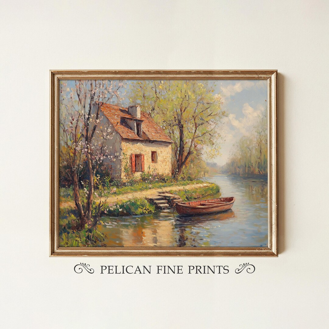 Riverside Cottage Printable Wall Art, Spring Landscape Painting, Rustic ...