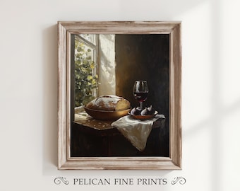 Arte rústica para imprimir com pão e vinho, decoração minimalista de natureza morta para cozinha, pintura de figos, arte de parede vintage para sala de jantar | V2