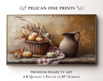 Arte TV rustica con natura morta autunnale, accogliente cornice per TV con zucche, stile fattoria / TV43