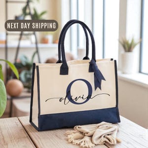 Personalized Tote Bag with Name & Initial, Custom Monogram Gift Bag, Bridesmaid Tote, Wedding Party Favor, Everyday Work Bag