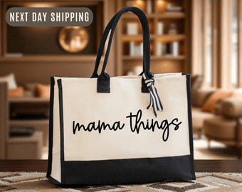 Custom Mom Things Canvas Tote Bag, Personalized Mom Tote, Gift for Mom, Everyday Tote, Family Name Tote Bag