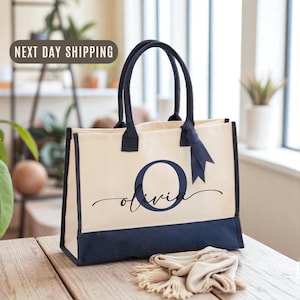 Personalized Tote Bag with Name & Initial, Custom Monogram Gift Bag, Bridesmaid Tote, Wedding Party Favor, Everyday Work Bag
