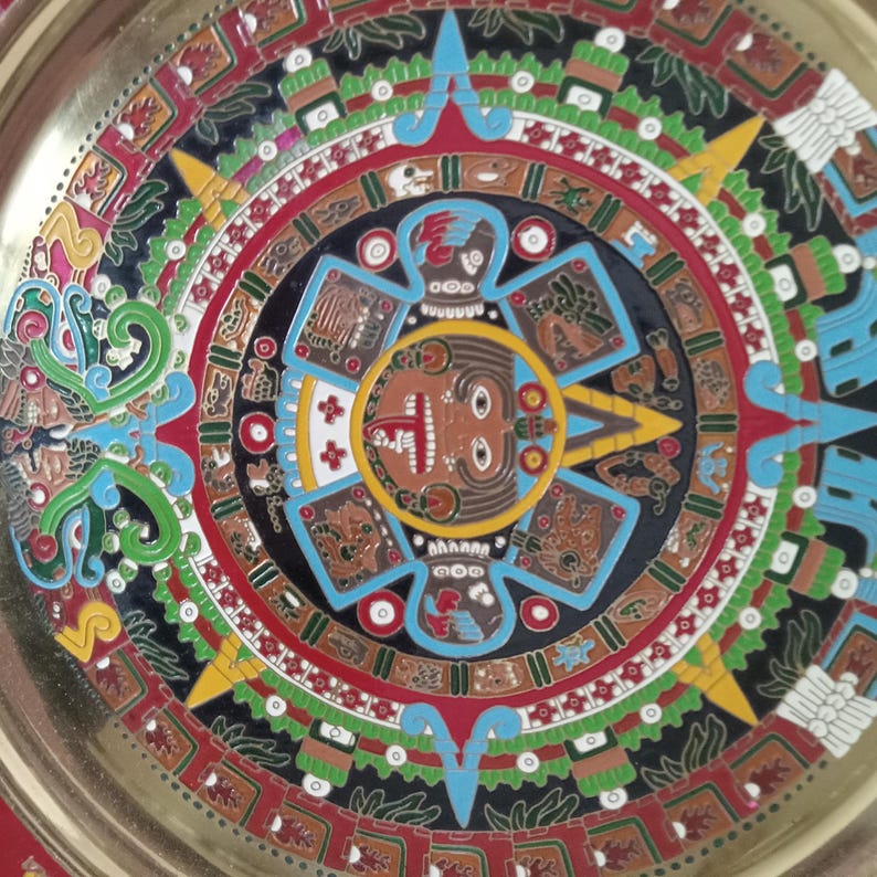 Vintage Mexican Mayan Aztec Brass Enamel Calendar Wall Hanging Plate 11 ...