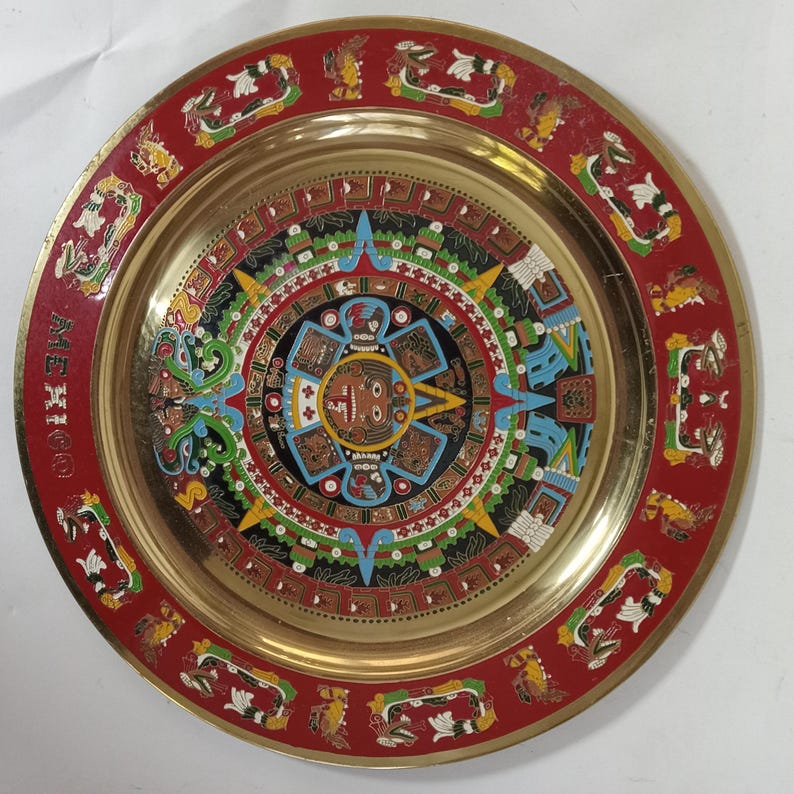 Vintage Mexican Mayan Aztec Brass Enamel Calendar Wall Hanging Plate 11 ...