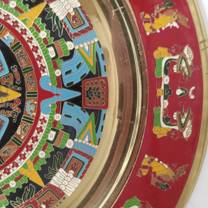 Vintage Mexican Mayan Aztec Brass Enamel Calendar Wall Hanging Plate 11 ...